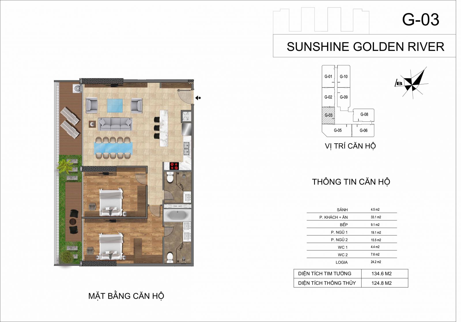 Cho thuê căn hộ chung cư 2 phòng ngủ Sunshine Golden River