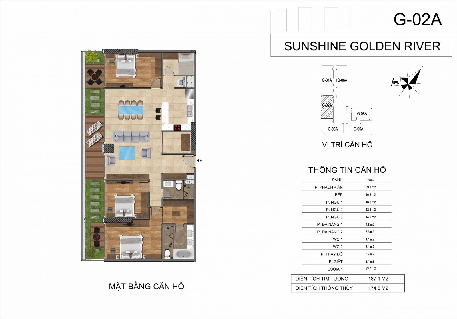 Cho thuê căn hộ chung cư 3 phòng ngủ Sunshine Golden River