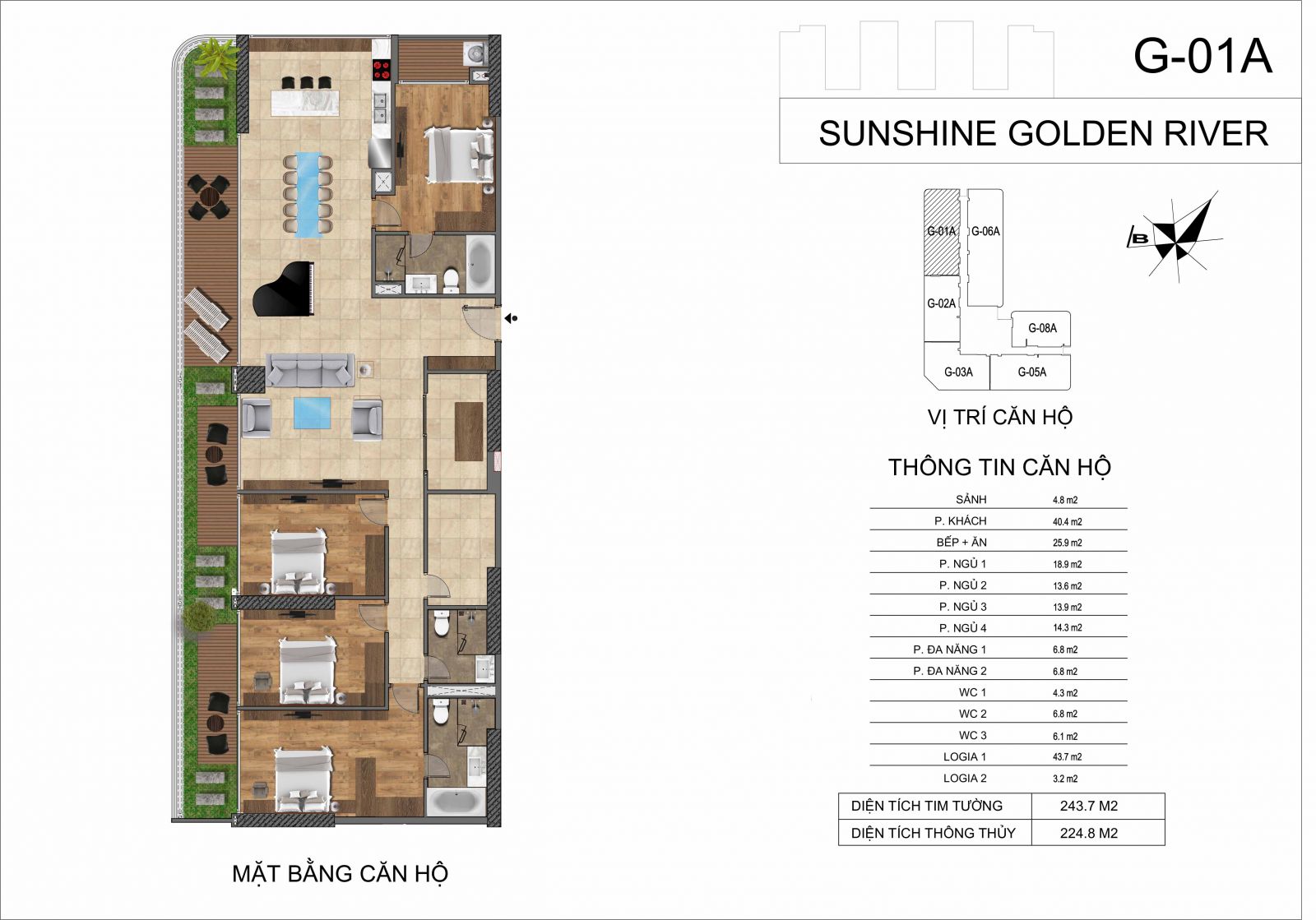 Cho thuê căn hộ chung cư 4 phòng ngủ Sunshine Golden River